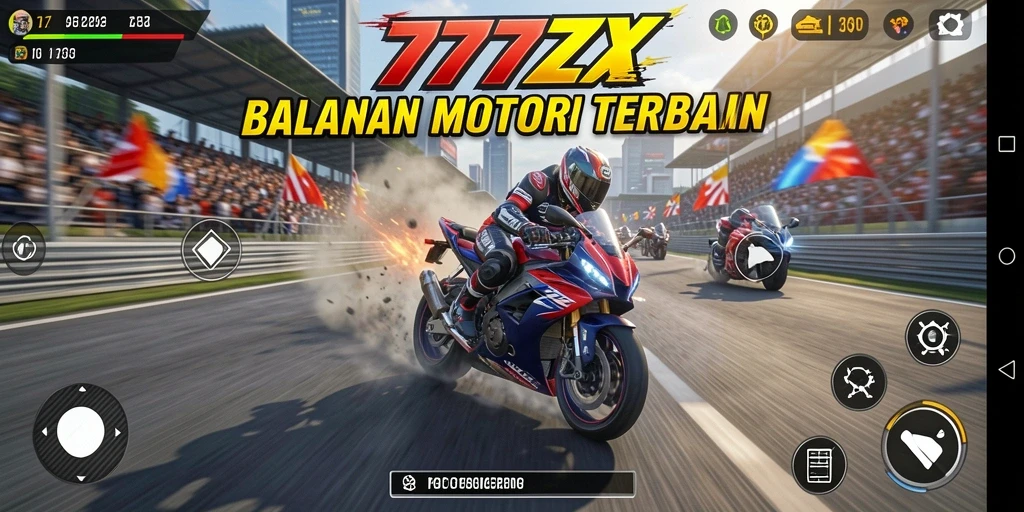 Screenshot 777ZX menampilkan aksi balapan motor yang mendebarkan.