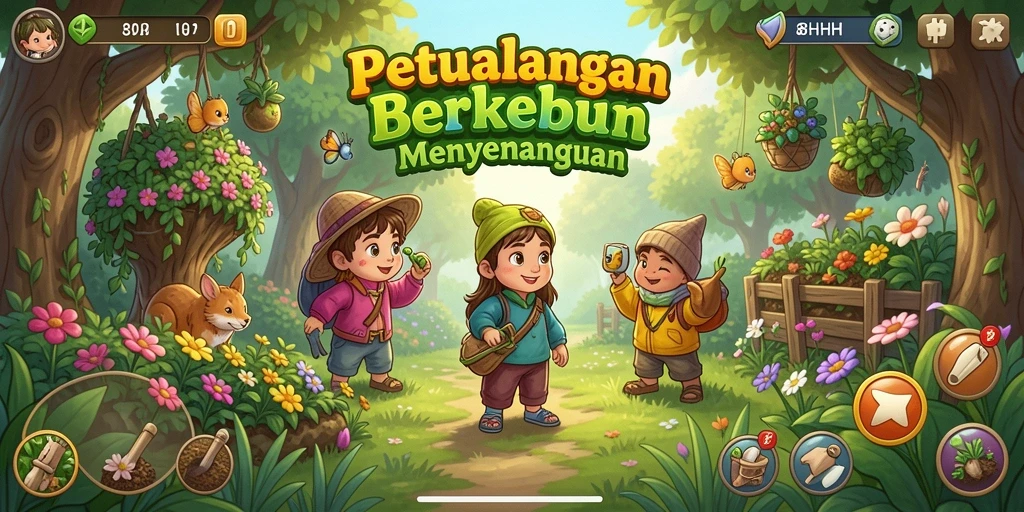 Tangkapan layar utama game 8HHH menampilkan keragaman tanaman di kebun.