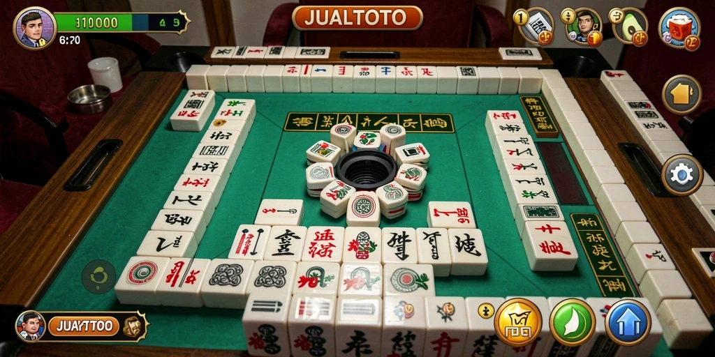 Screenshot gameplay <strong>JUALTOTO</strong> menunjukkan sesi permainan Mahjong yang menegangkan.