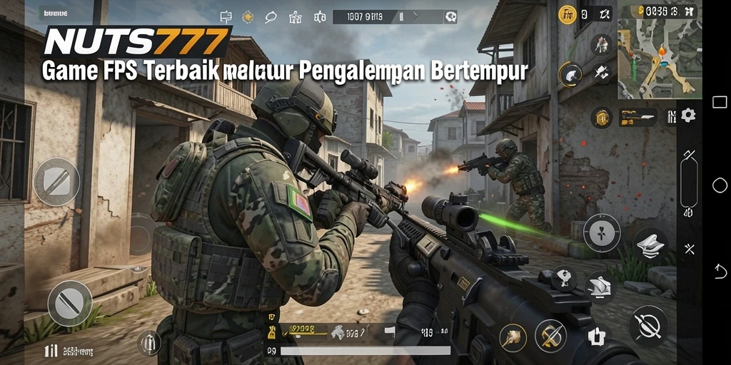 Tampilan aksi intens dari gameplay NUTS777 dalam pertempuran FPS.