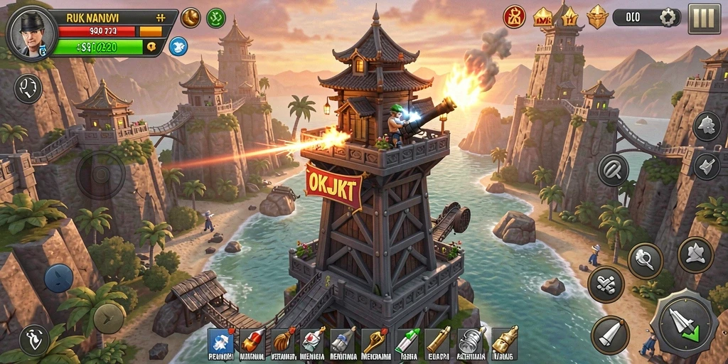 Screenshot gameplay OKJKT menunjukkan pertahanan menara yang mendebarkan.