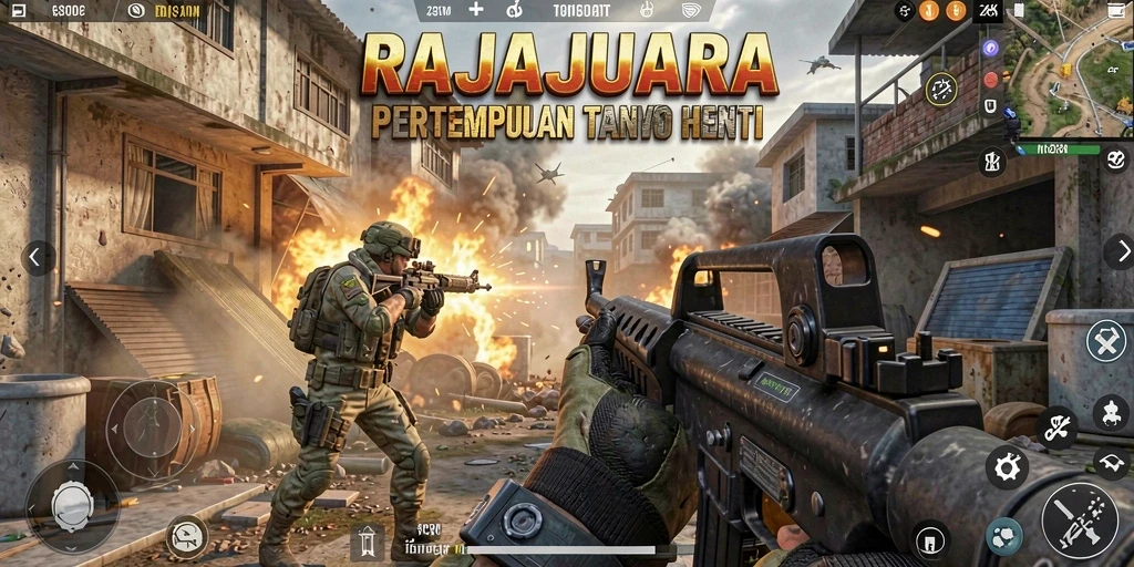 Tampilan gameplay RAJAJUARA yang mendebarkan di medan perang FPS.