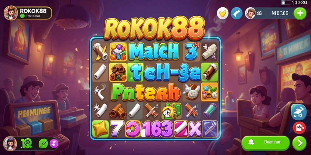 Screenshot utama ROKOK88 dengan gameplay Match-3 yang seru.