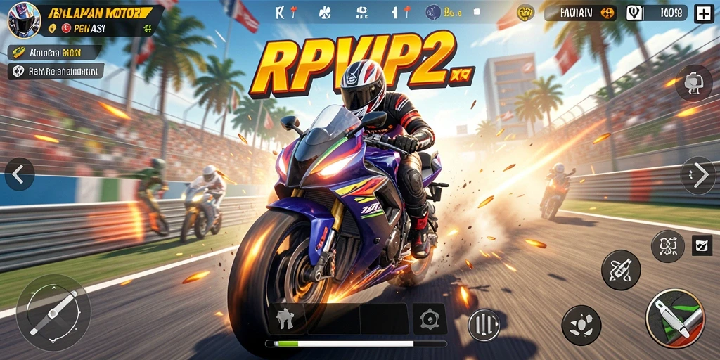 Screenshot utama RPVIP2 menampilkan balapan motor yang menegangkan dan penuh aksi.