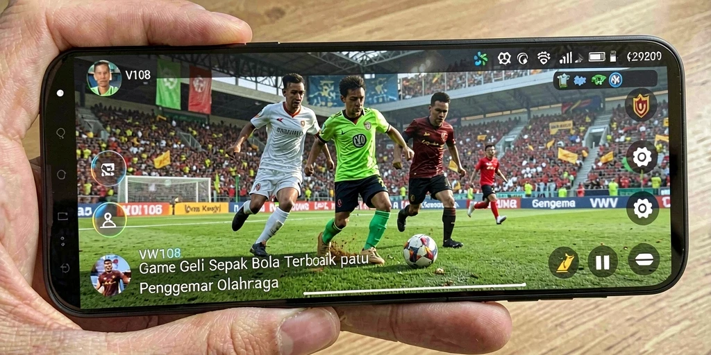 Screenshot gameplay VW108 menampilkan aksi seru di lapangan sepak bola.